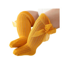 (0-12 Months, Yellow) Chaussettes hautes pour bébés filles, style princesse, avec nœud papillon, respirantes et larges.