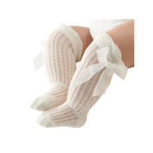 (0-12 Months, Creamy) Chaussettes hautes pour bébés filles, style princesse, avec nœud papillon, respirantes et larges.