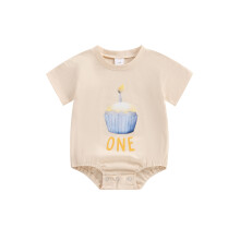 (12-18 Months, Beige) Pelele corto de cuello redondo y estampado de pastel/tortuga para bebé, ideal para cumpleaños.