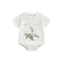 (6-12 Months, White) Pelele corto de cuello redondo y estampado de pastel/tortuga para bebé, ideal para cumpleaños.