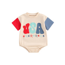 (12-18 Months, Beige) Combinaison bébé garçon/fille à manches courtes et col rond, imprimé lettres étoiles, idéale pour le 4 juillet.