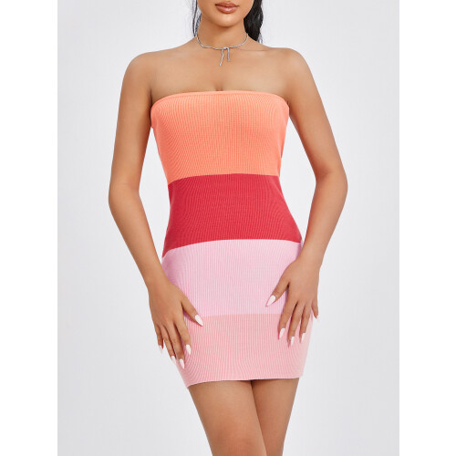 (S, Pink) Robe mini rayée et cocktails. 1