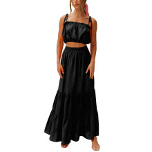 (XL, Black) Ensemble jupe et haut pour femme, débardeur court sans manches à épaules dénudées + jupe longue décontractée d'été