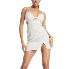 (M, White) Robe d'été femme, bretelles spaghetti, col V, coupe ajustée, mini-robe avec fente pour soirées.