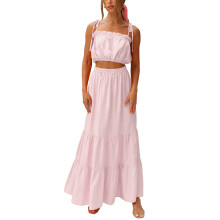 (M, Pink) Ensemble jupe et haut pour femme, débardeur court sans manches à épaules dénudées + jupe longue décontractée d'été