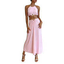 (L, Pink) Ensemble jupe longue d'été pour femme, couleur unie, débardeur dos nu à nouer et col halter, 2 pièces