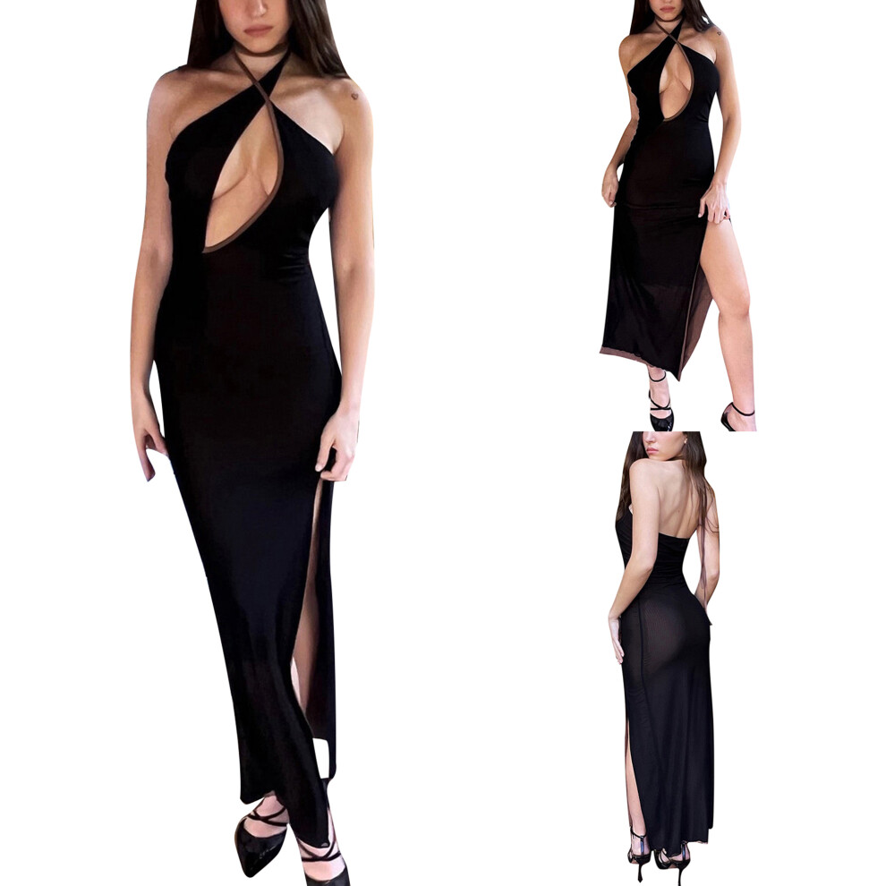 (L, Black) Robe de soirée cintrée pour femme, noire sans manches, col ...