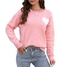 Dametrøje med hjerteprint2025Ny casual ribbet strikpullovertop med rund hals og sød Valentinsdag-kærlighedsgrafik, langærmet pullover til