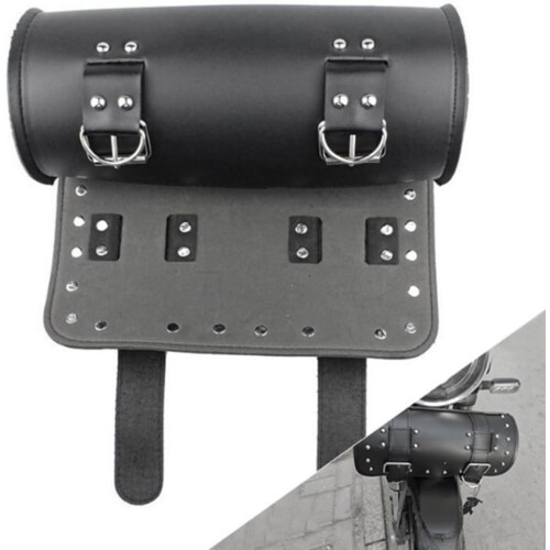 Motorcycle Tool Bag PU Leather Saddlebag with QuickRelease Straps and Chrome Studded Barrel Design 2