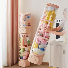 Stuffed Animal Storage Tube with Lid, Clear Toy Organizer Bucket with LED Light for Kids Playroom Pink