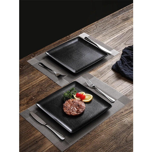 Matte Black Ceramic Dinner Plate 8 Inch Square Serving Plate Scratch Resistant Modern Rustic Design 2
