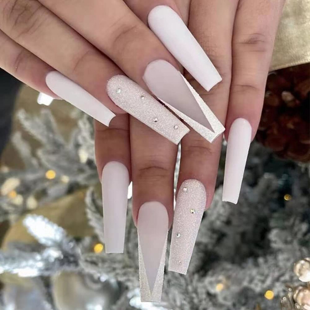 White Artificial Nail For Fashionable Outfits, Coffin Press On Nails Matte Easy To Apply Quality Abs Materials 12 Different Sizes, False Nails Press