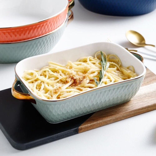 Ceramic Rectangular Baking Dish with Golden Edge, Green Cheese Pan, Oven and Microwave Safe 2
