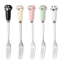 6Pcs Ceramic Handle Dessert Forks Cute Cat Claw Stainless Steel Fruit Forks for Cake and Home