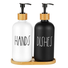 Kitchen Soap Dispenser Set 2 in 1 Black and White Farmhouse Style with Easy Refill Tray