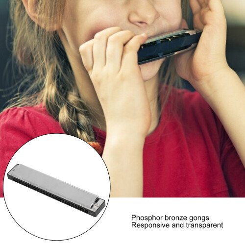 Silver D Key Harmonica 24 Hole Wind Musical Instrument with Box & Cloth 1