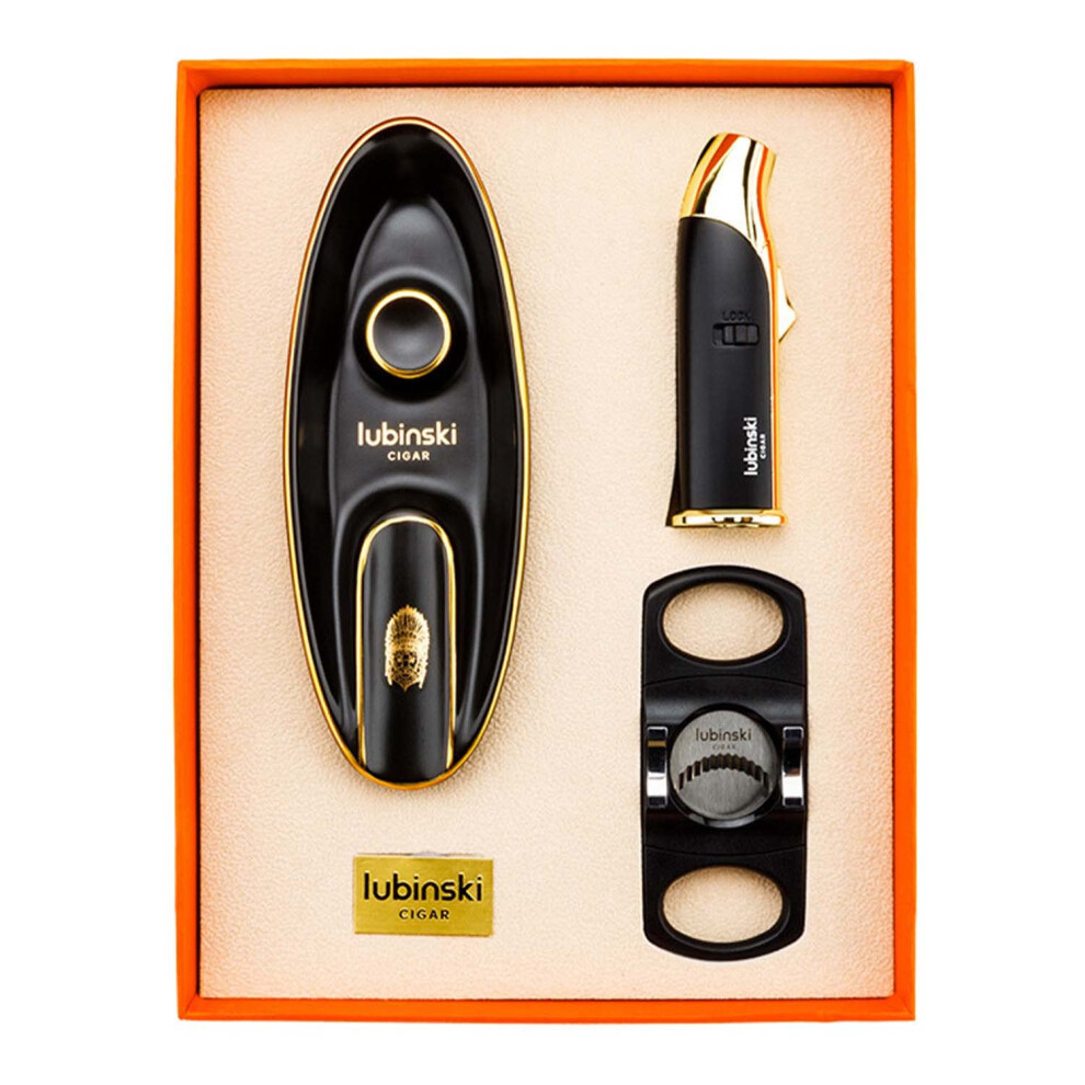 Cigar Accessories Gift Set with Triple Flame Butane Torch Lighter, Ceramic Ashtray, Double Blade Cutter