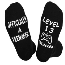 Level Unlocked Design Socks, One Size Fits All Black Crew Socks with Teen Milestone Print, Comfortable Stretchy Socks for 13 Year Old Birthday,
