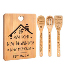 Bamboo Cutting Board Set with Spoon and Spatula, Non Slip, Warp Resistant, Gift Ready for Mom