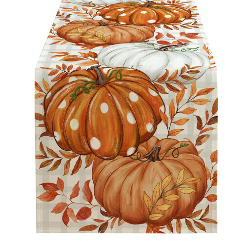 Fall Harvest Table Runner 13x72 Inch Linen Rectangular Pumpkin Pattern Autumn Thanksgiving Farmhouse Decor