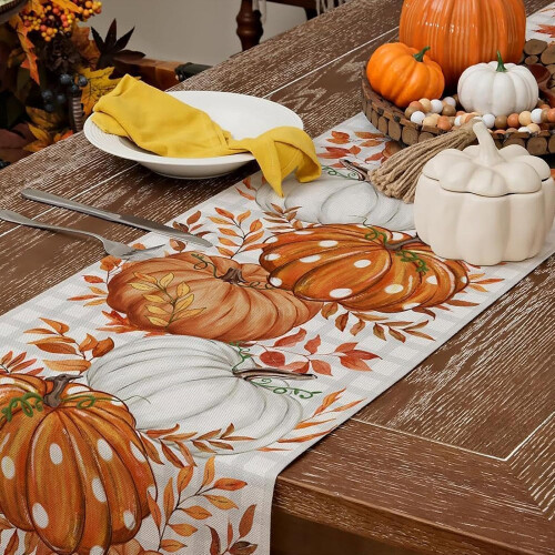 Fall Harvest Table Runner 13x72 Inch Linen Rectangular Pumpkin Pattern Autumn Thanksgiving Farmhouse Decor 1