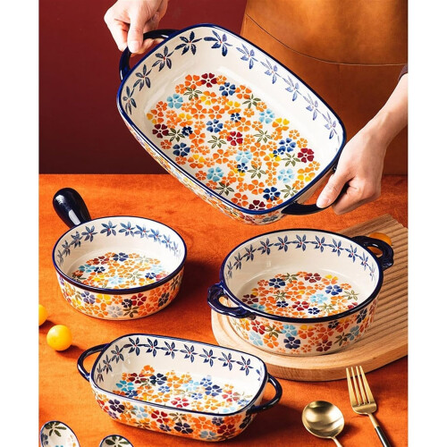 Ceramic Lasagna Baking Dish with Handle,  Temperature Resistant, Vintage Oven Bakeware 18.5cm 2