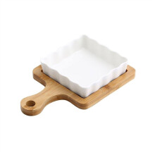 Ceramic Lasagna Baking Dish with Handle and Wooden Mat, Oven Safe Heat‑Resistant 400ml