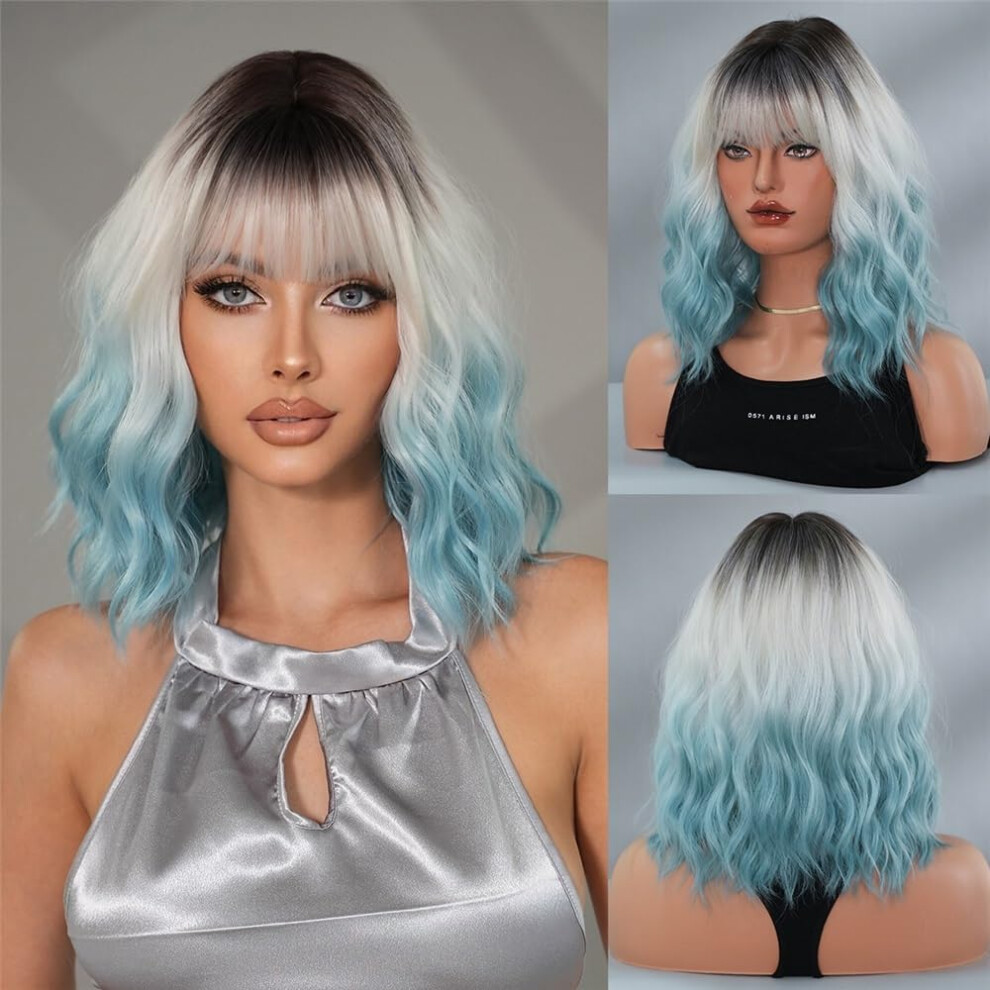 Unisex Blue Wigs For Women Short Curly Bob Wig With Bangs, Heatresistant Synthetic Fiber, Salt Water Adjustable Cap