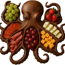 Octopus Serving Tray Wooden Charcuterie Board Ocean Theme with Compartments for Seafood 19x18cm