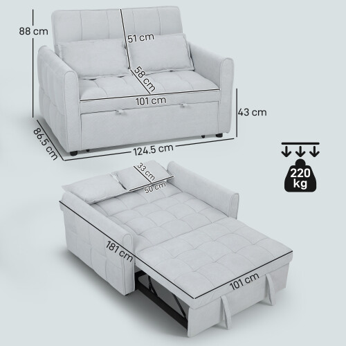 Homcom (Grey) HOMCOM 2 Seater Sofa Bed, 3-in-1 Sleeper Sofa with Adjustable Backrest 2