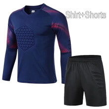 (Navy Shorts 1Sets, S Height 155-160CM) New Men's Adult Soccer Goalkeeper Uniform Protective Sponge long Sleeve Kid Training Soccer Jersey
