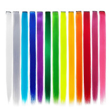 13 kleurrijke clip-in haarextensies, 55 cm, steil synthetisch haar.