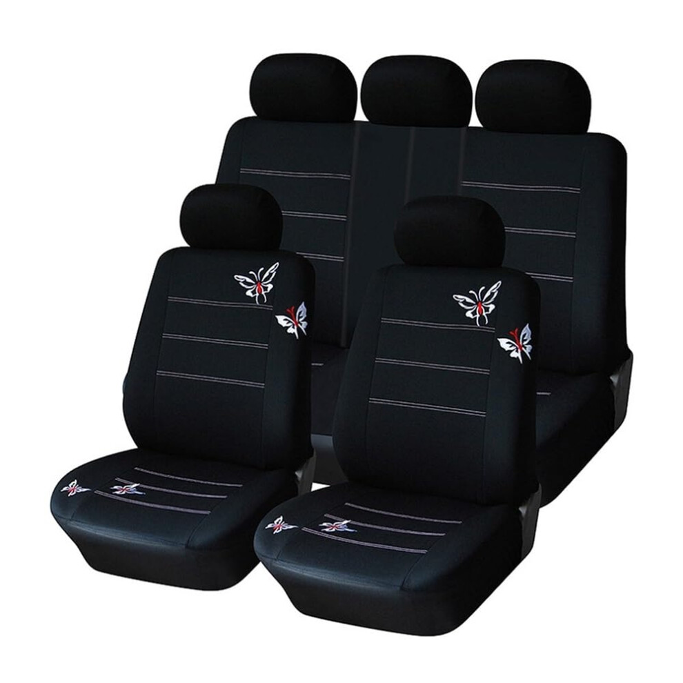Butterfly Embroidered Car Seat Covers Full Set, Universal Fit, Spill And Pet Hair Resistant Black 9187378648728