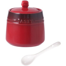 Ceramic Sugar Bowl with Lid and Spoon, Red Porcelain Jar for Kitchen Storage and Decor