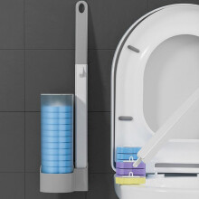 Disposable Toilet Cleaning System Blue WallMount LongHandle Compact Bathroom Scrub Brush Holder Set With 12 Refills And Bowl Cleaner Wand