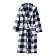 Men's Long Checked Flannel Dressing Gown One Size Gray Fleece Robe Plush Sleepwear Winter Loungewear