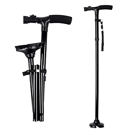Folding Walking Cane with LED Light, Adjustable Height, Quad NonSlip Base for Elderly Adults