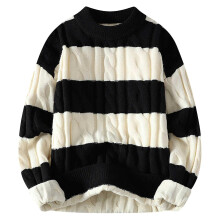 Men's Crew Neck Patchwork Sweater XXL White Cable Knit Jumper, Chunky Knit, Winter Warmth