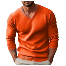 Men's Knitted Jumper VNeck Winter Plain Long Sleeve Regular Fit Orange XXL