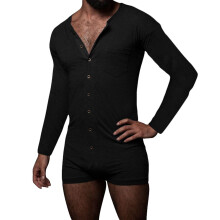 Jumpsuit Men's Long Sleeve Henley ButtonDown Romper, Stretchy OnePiece Sleepwear Bodysuit Loungewear Black 3XL