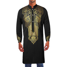 Muslim Shirts Men's African Metallic Gold Tribal Dashiki Shirt Islamic Embroidered Long Sleeve Black Size L