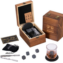 Whiskey Stones Gift Set with Scotch Bourbon Glass in Elegant Wooden Box, Fathers Day Gift for Men
