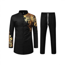 Sweatsuits Men's Muslim Embroidered Shirts And Trousers Set 2 Piece African Dashiki Style Metallic Gold Black XXL