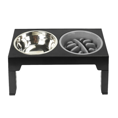 Raised Pet Double Bowl Adjustable Dogs Slow Feeder-Black