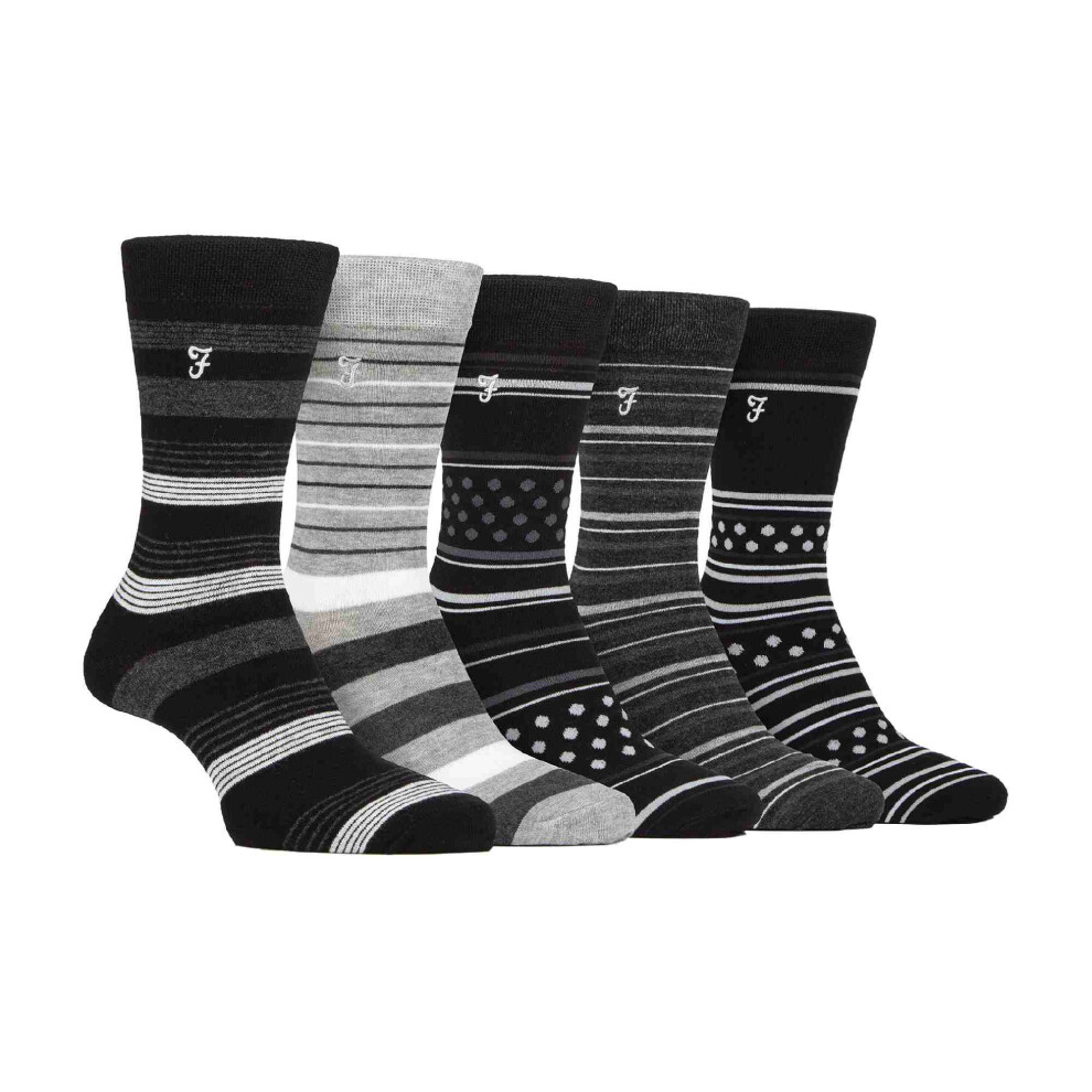 Farah (6-11, Charcoal / ) - 5 Pack Mens Bamboo Bright Striped Patterned Socks Black
