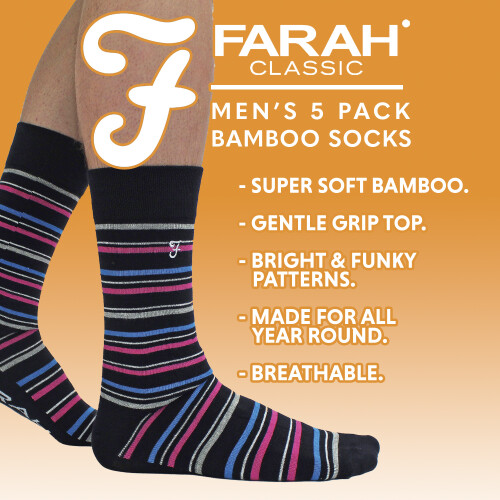 Farah (6-11, Black / Coral) Farah - 5 Pack Mens Bamboo Bright Striped Patterned Socks 2