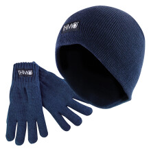 (Large, Marine) THMO - Kinder Thinsulate Handschuhe und Wintermütze Set | Beanie Thermohandschuhe Set