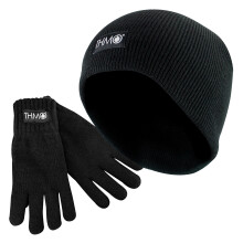 (Small, Schwarz) THMO - Kinder Thinsulate Handschuhe und Wintermütze Set | Beanie Thermohandschuhe Set