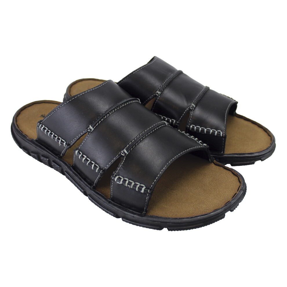Dunlop (7, Black) - Mens Summer Beach Leather Slip On Slippers