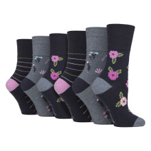 (04-Aug, Blumen) Gentle Grip - Gentle Grip - 6 Paar Damen Baumwollsocken | Gemusterte Socken ohne Gummidruck